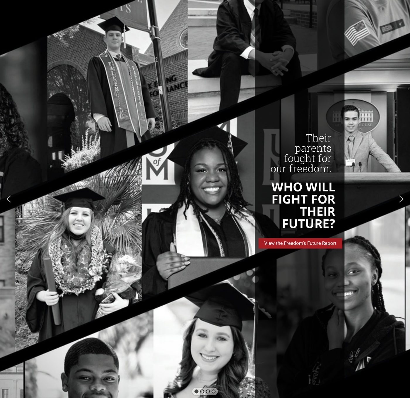 The legacy No Greater Sacrifice homepage: a full-screen black-and-white photo collage of Scholars behind the headline ‘Their parents fought for our freedom. Who will fight for their future?’