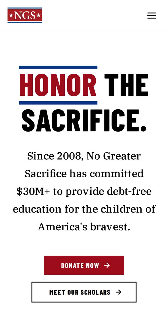 The new homepage on a phone: the NGS logo and menu, the headline ‘Honor the Sacrifice.’ and the line about $30M+ committed since 2008.
