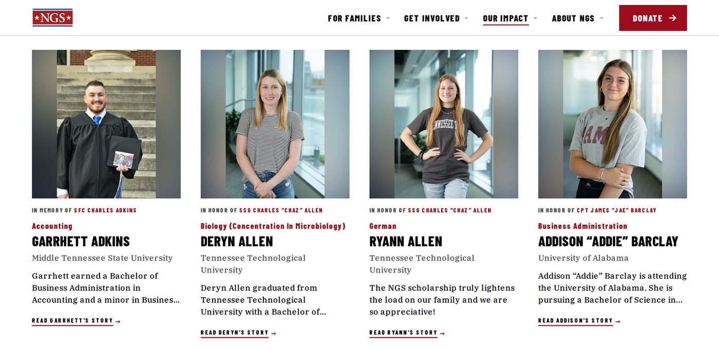 A row of four Scholar Stories cards: each shows a portrait, the service member honored, the field of study, the Scholar’s name, their university, an excerpt, and a link to read their story.